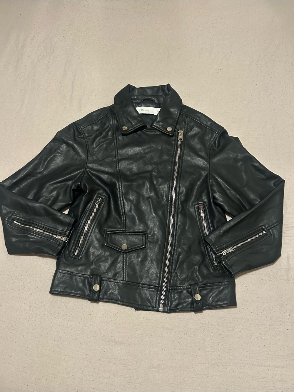 Bershka Black Faux Leather Moto Jacket with Silver Hardware